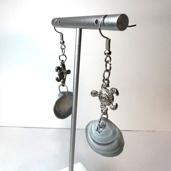 Dangle Earrings Genuine Handcrafted Seashell Turtle Blue Gray Coastal Beach - Picture 13 of 15